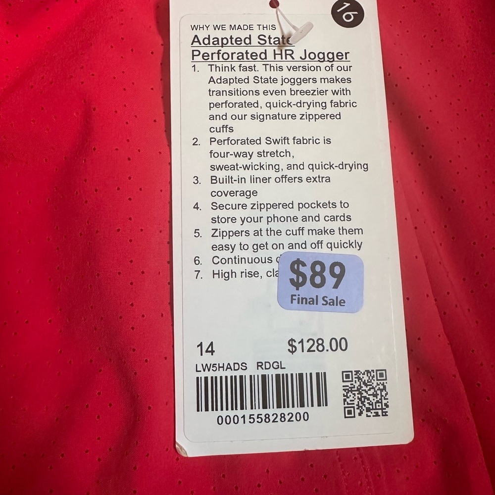 NWT Lululemon Athletica Adapted State perforated HR jogger in red glow NWT 14 - Picture 6 of 8